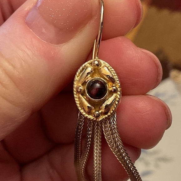 Vintage Byzantine Design Sterling Silver/Gold Plate Garnet Unique Earrings - Picture 2 of 6